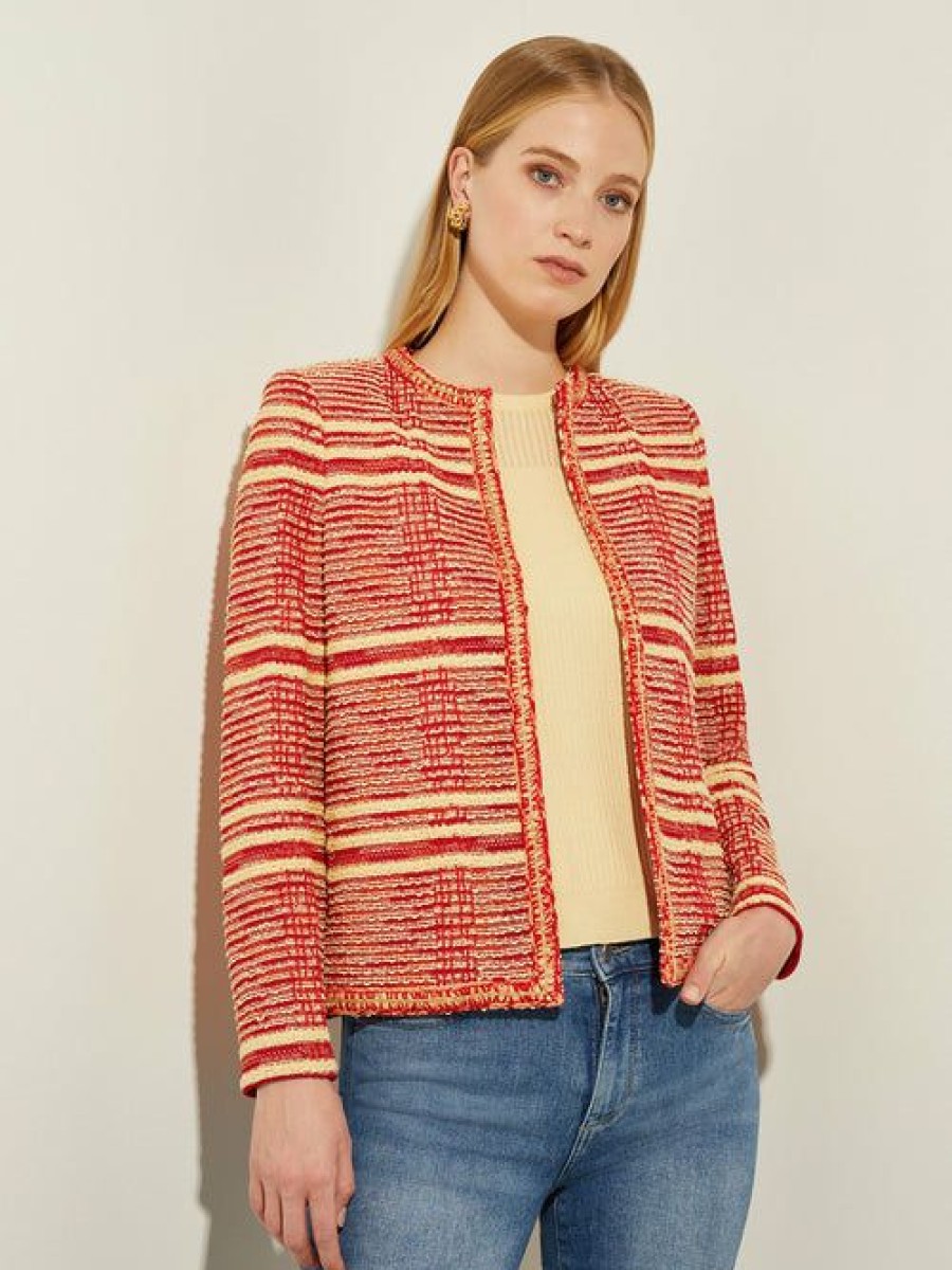 Clothing Misook  | Striped Tweed Knit Jacket Citrus Blossom/Sunset Red/Pale Gold/White
